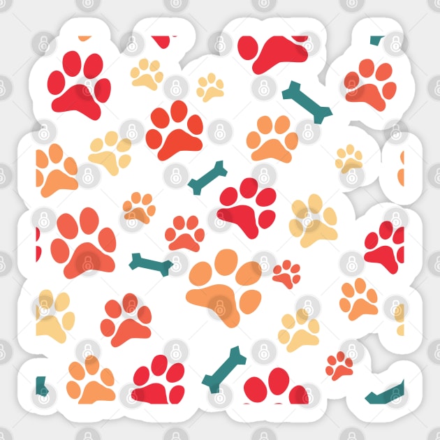 Autumn Color Puppy Paw Prints and Bones On Black Pattern Sticker by SubtleSplit